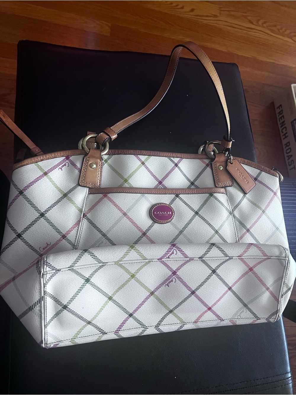 Coach White Peyton Tatersall Shoulder Tote with Tan Leather Handles